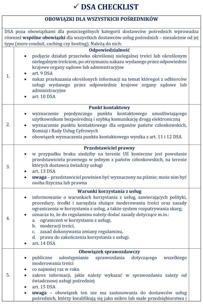 Tabela obowiązków wynikających z DSA dla poszczególnych kategorii dostawców usług pośrednich – strona 1